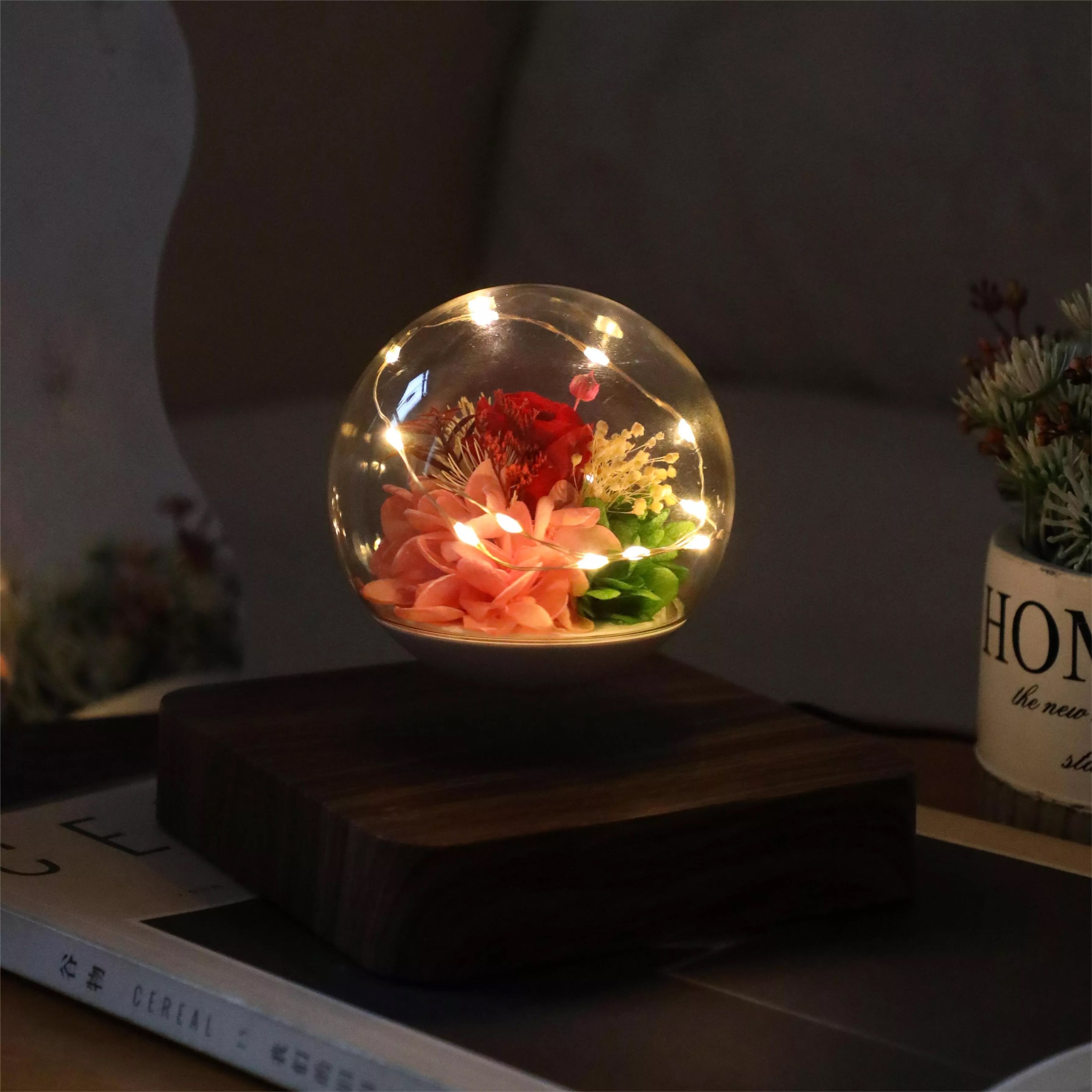 red rose levitating light bulb