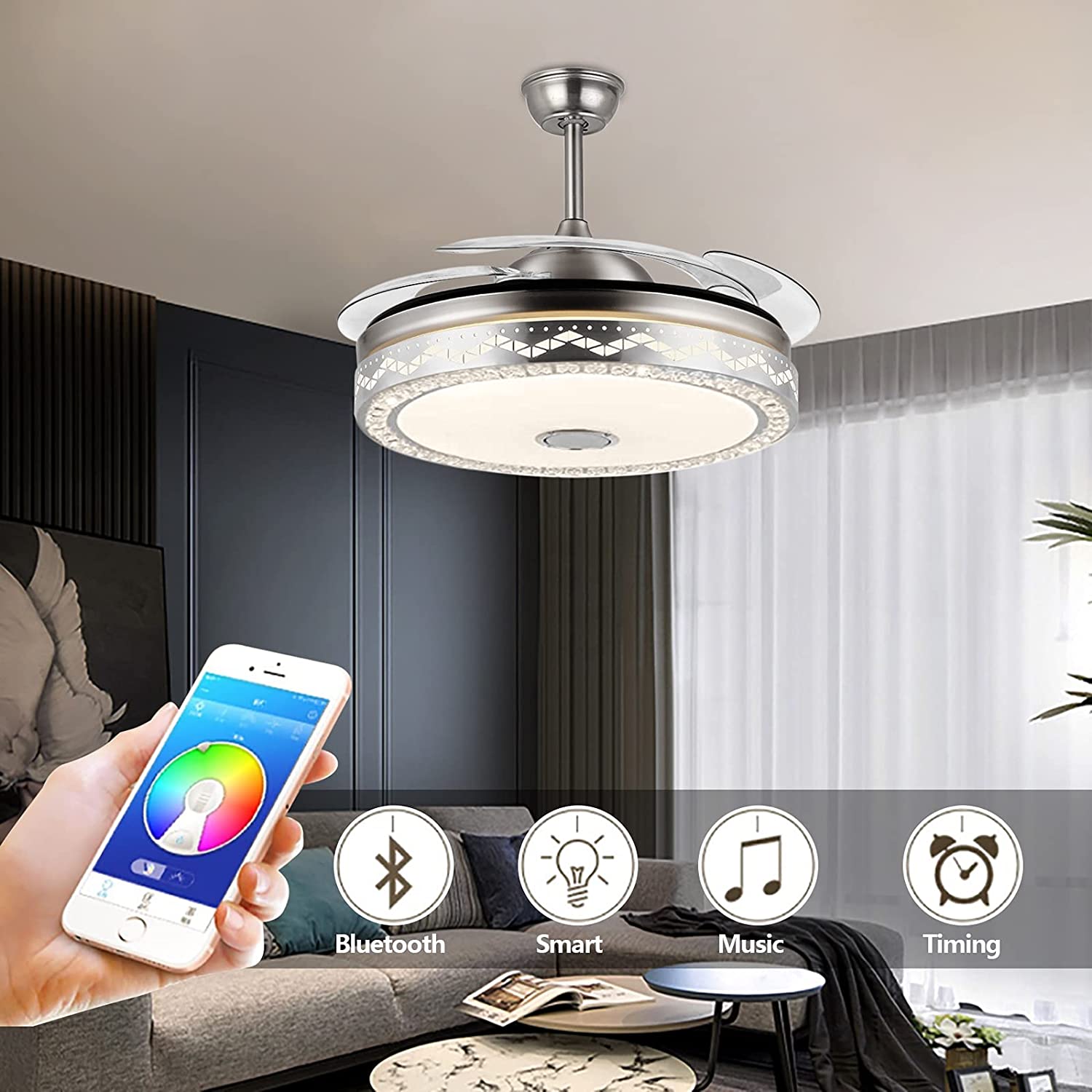 Retractable ceiling fan featuring LED light and Bluetooth speaker ...