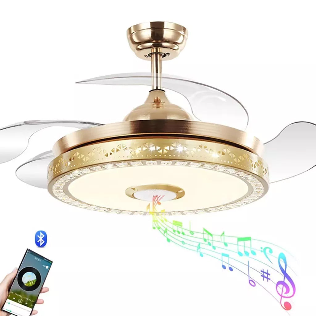 42 inch Crystal Ceiling Fan Light, LED Chandelier Fan with Remote Control  Invisible Retractable Blade Extension Design, 3 Wind Speeds Decorative