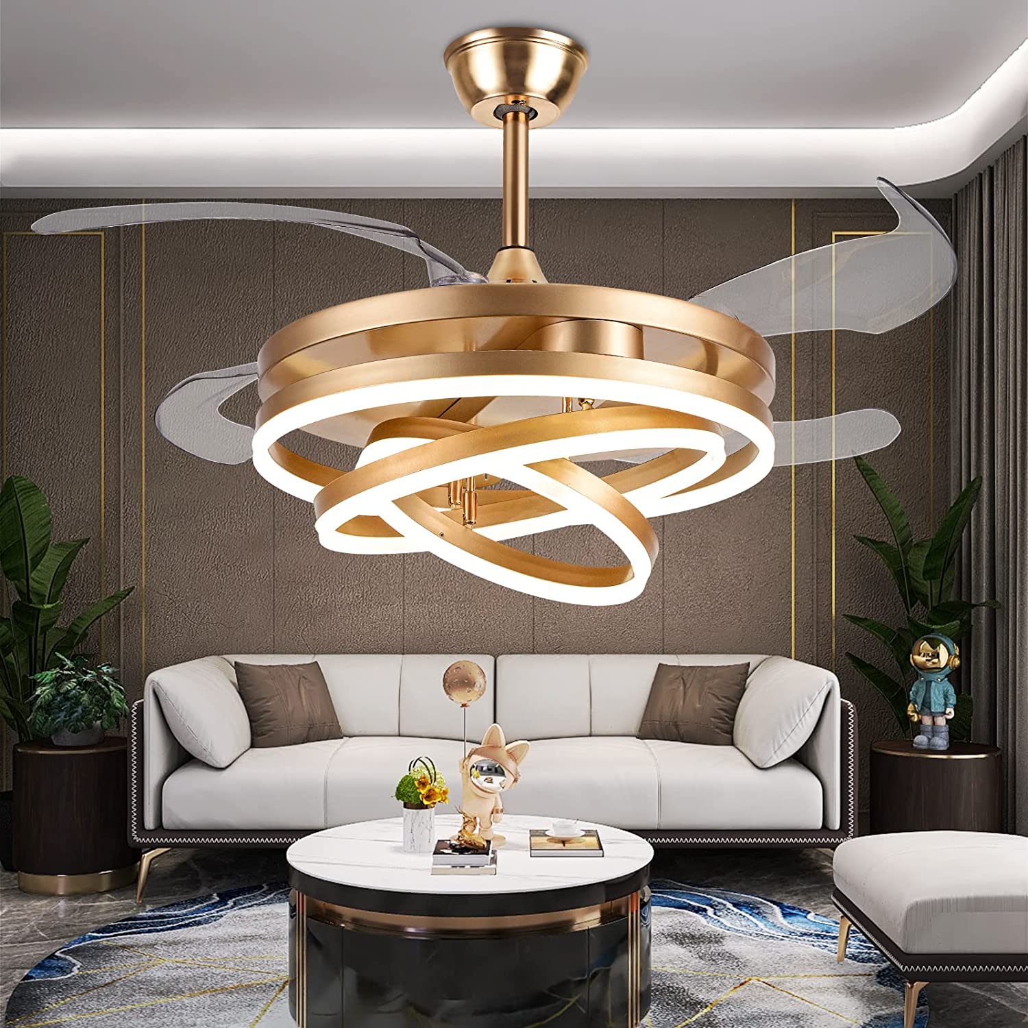 Retractable ceiling fan with LED light rings